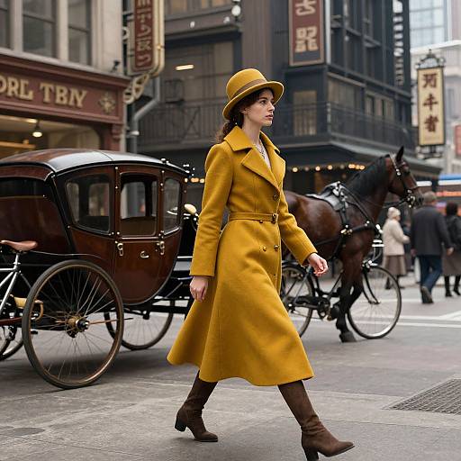 Photograph of a stylish woman in a mustard yellow coat and hat, walking past a vintage horse-drawn carriage in a bustling urban street.