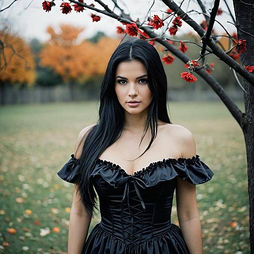 Woman in Black Off-Shoulder Dress Standing Outdoors