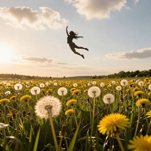 Silhouetted girl jumping in sunlit field of dandelions and yellow flowers, with a cloud-dotted sky in the background. Photograph.