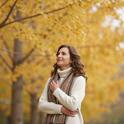 Photograph of a smiling woman with curly brown hair, wearing a white turtleneck and colorful patterned vest, standing in an autumn forest with golden