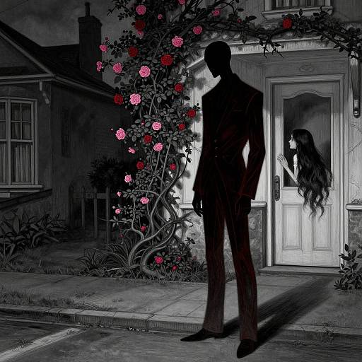 Silhouetted man stands on a moonlit street, facing a woman with long hair in a doorway, surrounded by glowing pink roses. Digital art