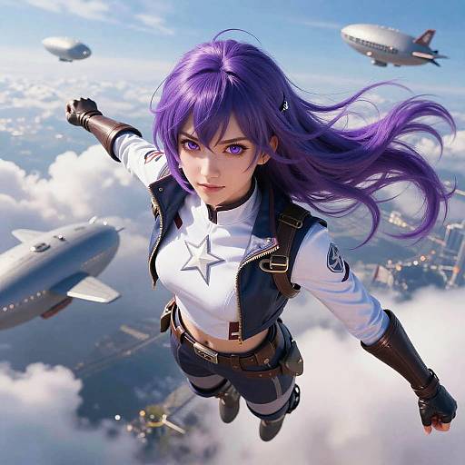 Digital artwork of a purple-haired, anime-style woman flying above the clouds, wearing a black vest and white star shirt, surrounded by airships. Dynamic