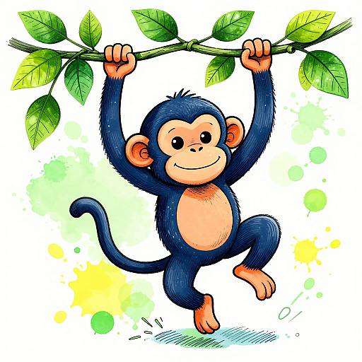 Colorful cartoon monkey with blue fur, orange belly, and smiling face, hanging from a green-leafed branch, against a yellow-green splattered