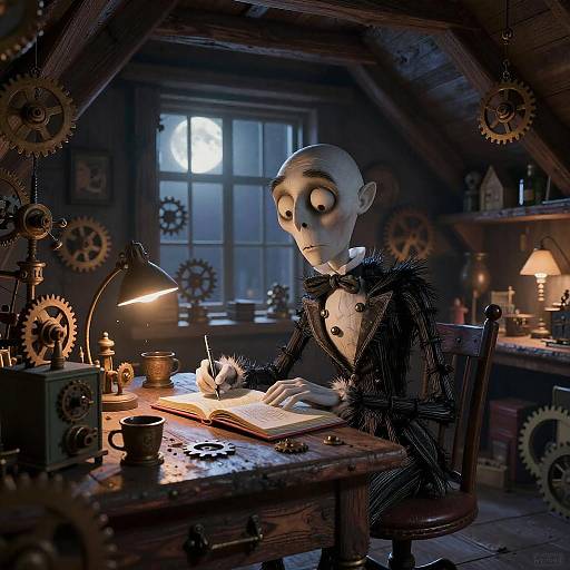 Steampunk-style CGI of a bald, wide-eyed, bow-tied man writing by lantern light in a gear-adorned, dimly lit