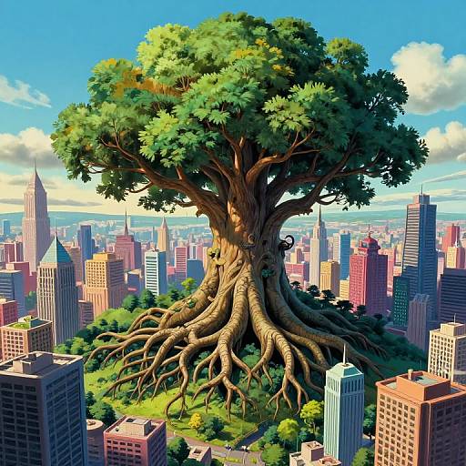 Digital illustration of a massive, tree with sprawling roots emerging from a cityscape, towering over skyscrapers under a bright blue sky.