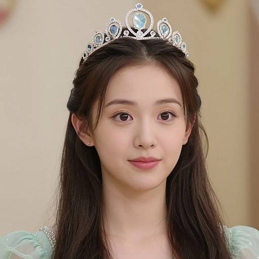 Photograph of an Asian woman with fair skin, long black hair, wearing a silver tiara with blue gemstones, and a light green dress,