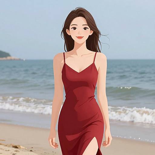 Digital anime-style drawing of a smiling woman with long black hair, wearing a red spaghetti-strap dress, walking on a sunny beach with gentle waves in