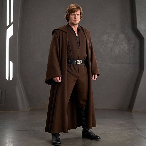 Photograph of a man with brown hair wearing a long brown Jedi robe, black belt with silver buckle, black boots, standing in a gray, futuristic