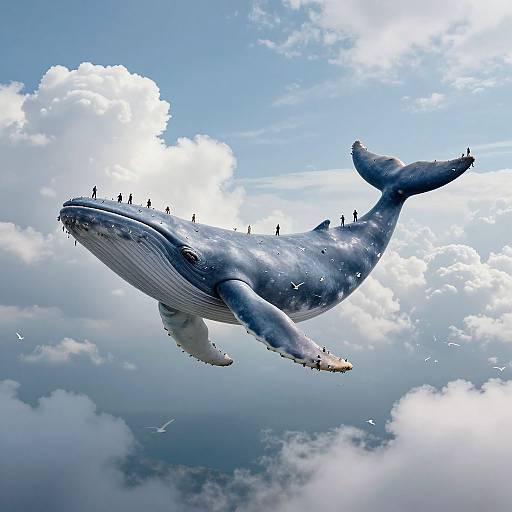 Photorealistic CGI of a massive blue whale with small silhouetted humans standing on its back and head, soaring through a bright, cloudy sky
