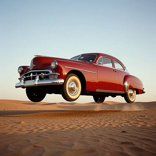 Photograph of a red, vintage 1950s car with chrome details, flying over a sandy desert at sunset, wheels kicking up sand.
