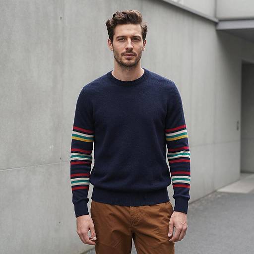 Man Wearing Dark Blue Sweater with Striped Sleeves
