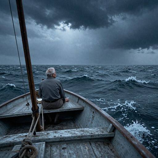 Photograph of an elderly man with white hair, wearing a gray jacket, sitting alone in a wooden boat on choppy, dark blue ocean under a