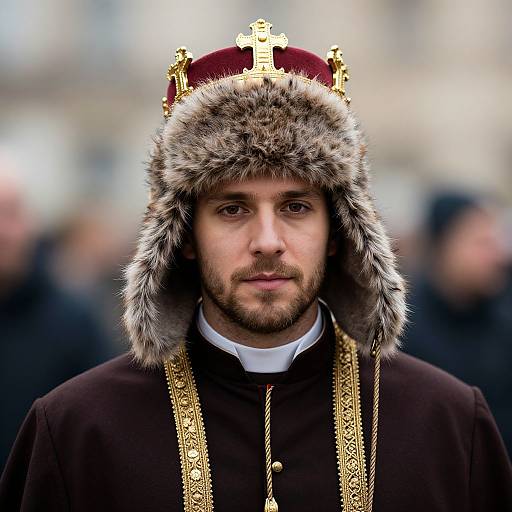 Photograph of a bearded man in a fur-trimmed, gold-embroidered black robe and red crown, with a blurred outdoor background