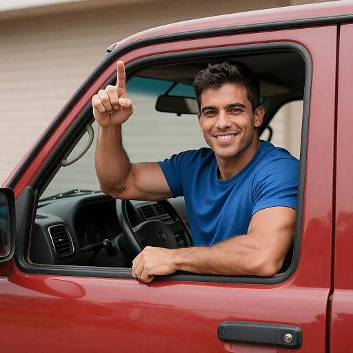 Smiling Muscular Man in Red Truck