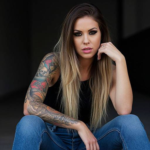 Photograph of a woman with long blonde hair, black tank top, blue jeans, and colorful tattoo sleeve, sitting against a dark background.
