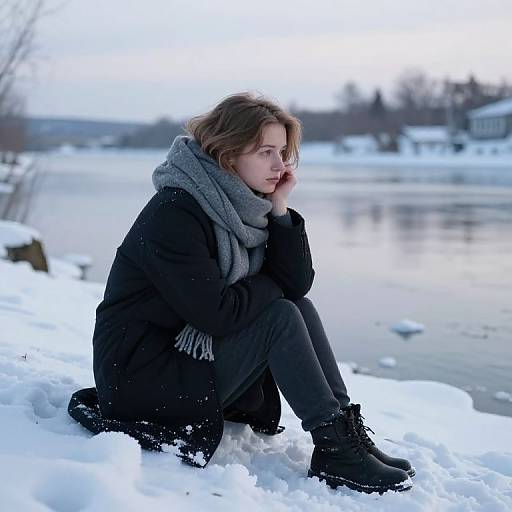 Photograph of a brunette woman with shoulder-length hair, wearing a black coat, gray scarf, black pants, and boots, sitting on snowy lakeside