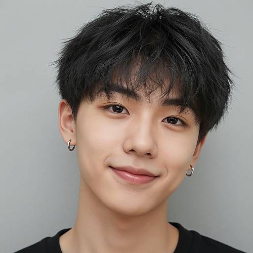 Photograph of an Asian man with short, spiky black hair, brown eyes, wearing silver hoop earrings, and black shirt, smiling softly against a