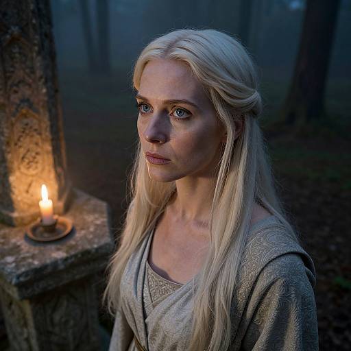 Photograph of a blonde woman with blue eyes, wearing a gray medieval-style dress, standing in a dimly lit, misty forest, illuminated by