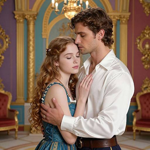Photograph of a romantic couple in an opulent room; she has long curly red hair, blue dress, he has dark hair, white shirt,
