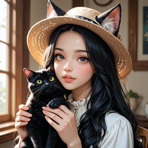 Portrait of a Cat-Eared Girl with Black Cat Portrait of a Cat-Eared Girl with Black Cat