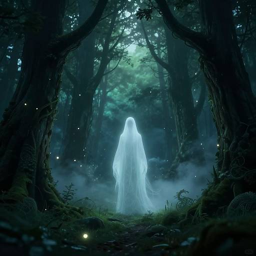 Digital illustration of a glowing, ethereal white ghost standing in a dark, misty forest with luminescent fireflies and dense, shadowy trees
