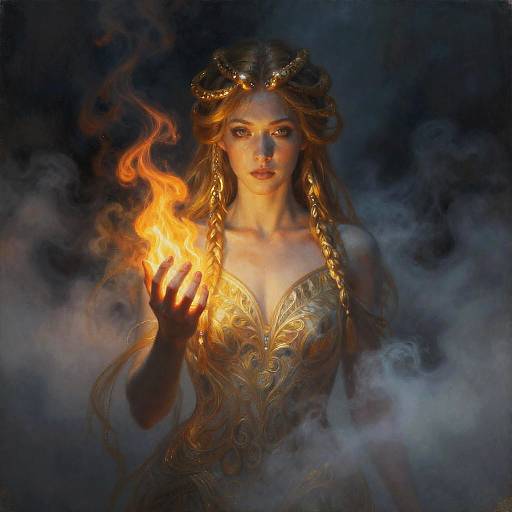 Digital fantasy artwork: A majestic woman with long, golden braided hair and ornate gold armor, holding a glowing orange flame, surrounded by mist,