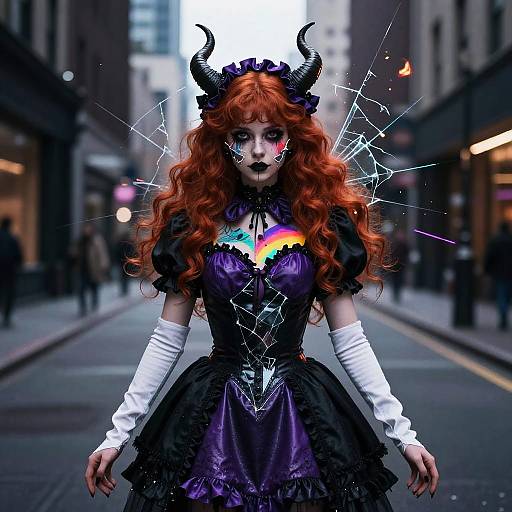 Digital artwork: Gothic red-haired woman with black horns, cracked makeup, rainbow heart, black lace dress, white sleeves, standing on urban street.