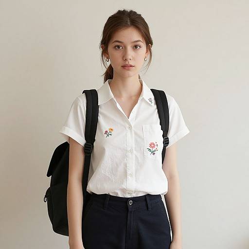 Photograph of a young Asian woman with light skin and brown hair in a ponytail, wearing a white button-up shirt, black pants, and a