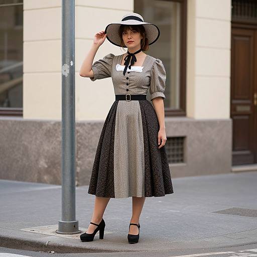 Photograph of a woman in a vintage, two-tone dress with black belt, black high heels, and wide-brimmed hat, standing on a
