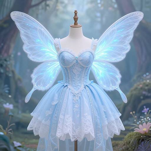 Photograph of a mannequin adorned with a glowing blue fairy dress and translucent wings, set in a mystical forest.