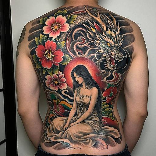 Tattooed man's back: vibrant dragon, red flowers, and serene woman in flowing dress, with detailed shading and vivid colors. Photographic