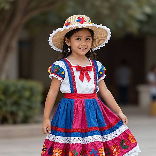 Photograph of a young Latina girl with dark hair wearing a straw hat, white blouse, red bow, blue and pink embroidered dress, and white lace