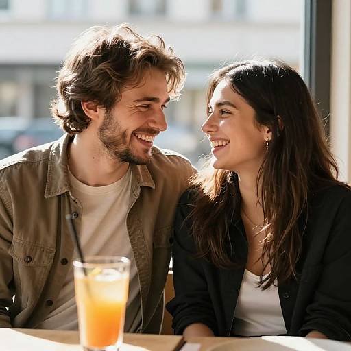 Photograph of a smiling brown-haired man and dark-haired woman sitting at a sunlit café table, both laughing, with a glass of orange drink in