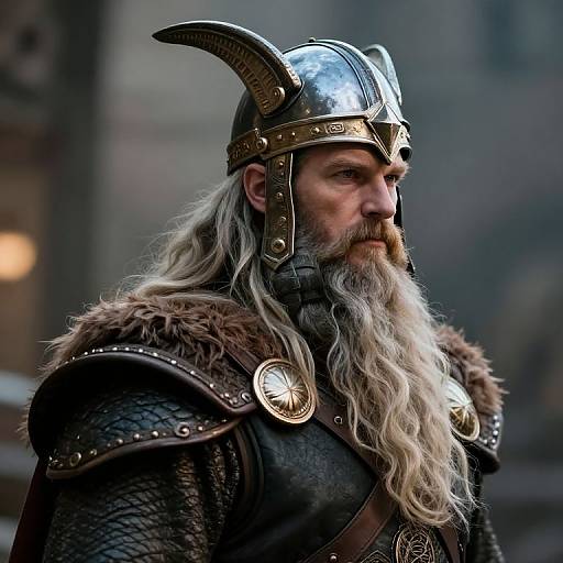Photograph of a bearded Viking warrior with long gray hair, wearing a metallic horned helmet, fur-collared armor, and chainmail,