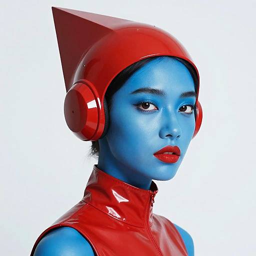 Photograph of a blue-skinned woman with red latex helmet, matching red latex collar, and red lips, against a white background.