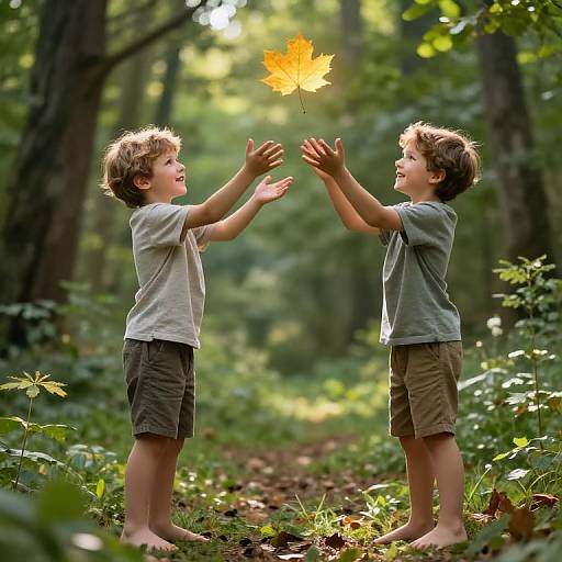 Two Boys Reaching Glowing Maple Leaf