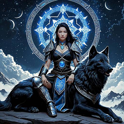 Armored Samurai Woman with Celestial Wolf