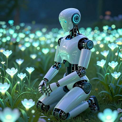 Photograph of a glowing white robot kneeling in a field of luminescent blue and white flowers at night.