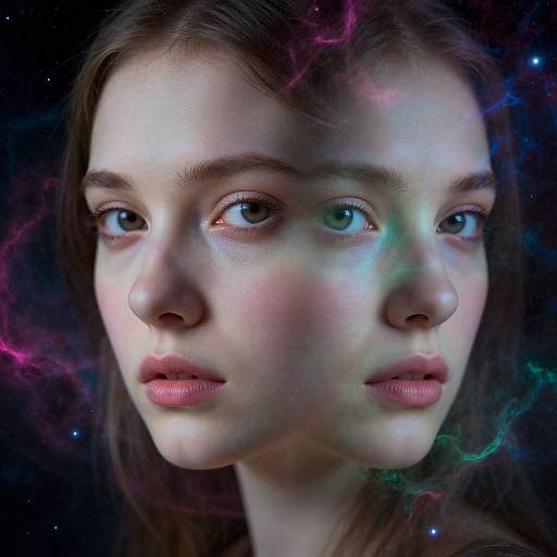 Digital portrait of a young woman with fair skin, brown hair, and blue-green eyes, surrounded by a colorful, cosmic nebula background. Her expression