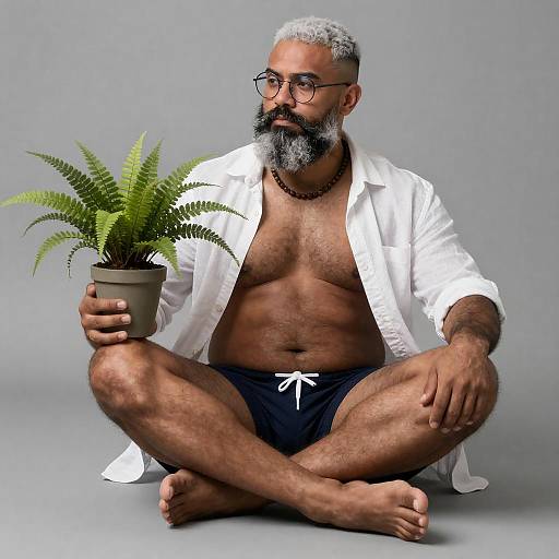 Mature Bearded Man with Potted Fern