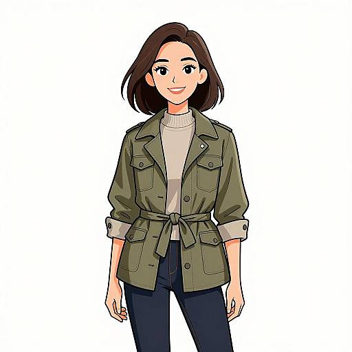 Digital anime-style drawing of a smiling young woman with short brown hair, wearing a green military jacket, white turtleneck, and dark jeans, standing