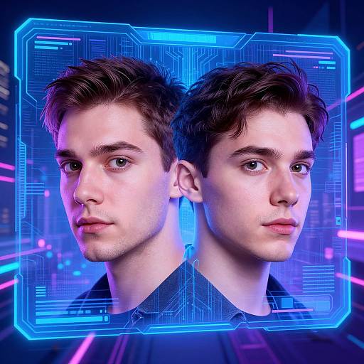 Photorealistic CGI of a young Caucasian man with short brown hair, blue eyes, and fair skin, depicted as a digital avatar with a neon blue