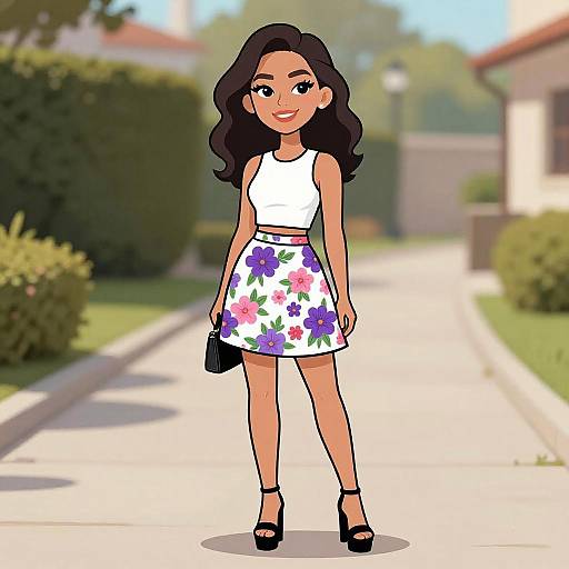 Digital illustration of a smiling young woman with long black hair, wearing a white sleeveless top, floral skirt, black heels, and a black clutch,