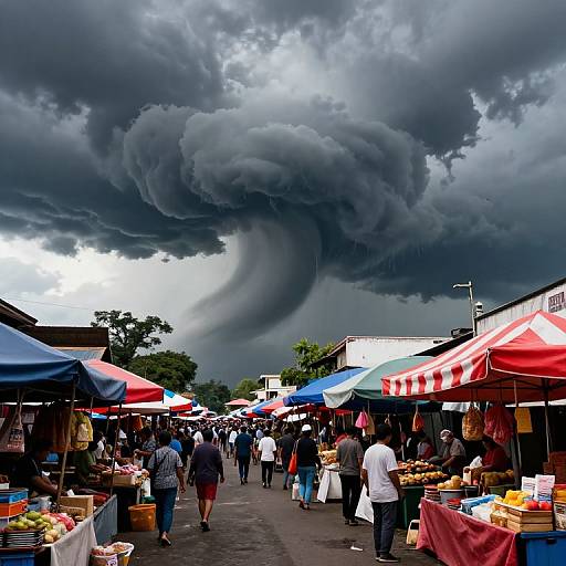 Photograph of a bustling outdoor market with colorful tents under a dramatic, swirling dark storm cloud, shoppers browsing and buying goods.