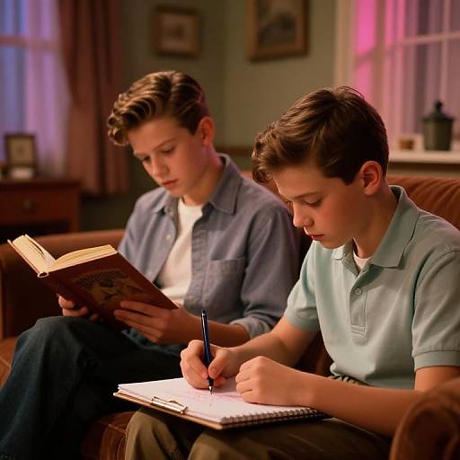 Vintage Boys Reading and Drawing Scene