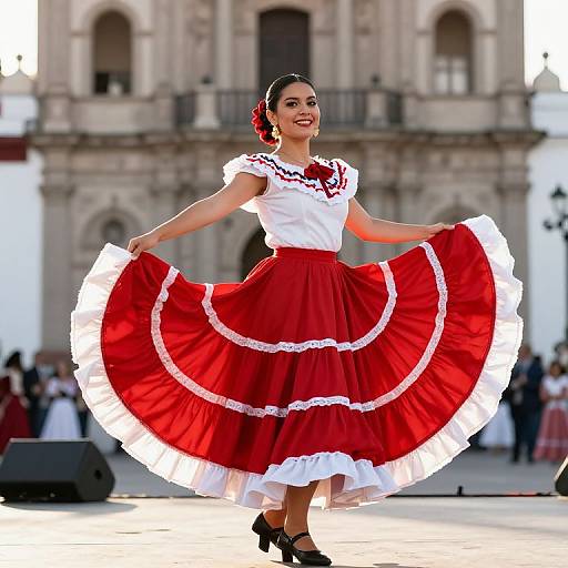 Photograph of a smiling Latina woman in a white blouse and red ruffled skirt, dancing in front of an old building.