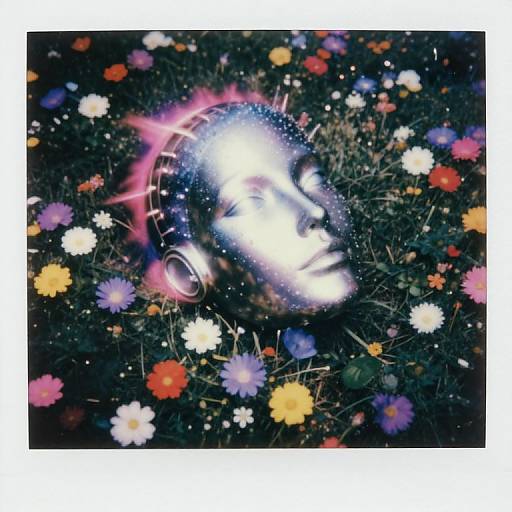 Digital artwork of a glowing, metallic head with headphones amidst a colorful, abstract floral field, creating a surreal, dreamlike effect.