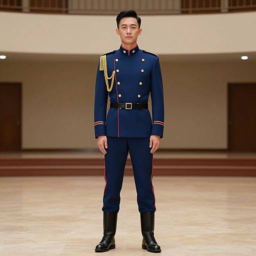 Photograph of an Asian male soldier standing in a polished hall, wearing a dark blue military uniform with gold epaulettes, red stripes, black