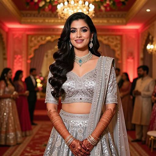 Photograph of an Indian woman with long black hair, wearing a silver embroidered lehenga and choli, ornate jewelry, and red henna,