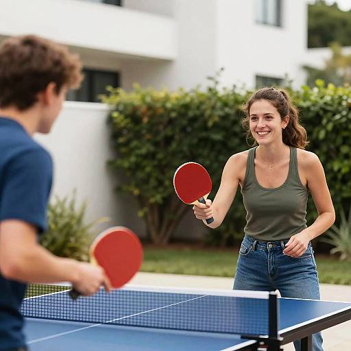 Smiling Woman Playing Ping Pong Outdoors